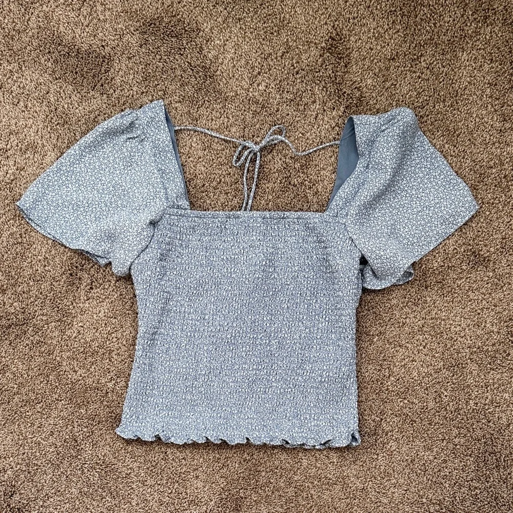 Abercrombie & Fitch Light Blue Smocked Puff Sleeve Top